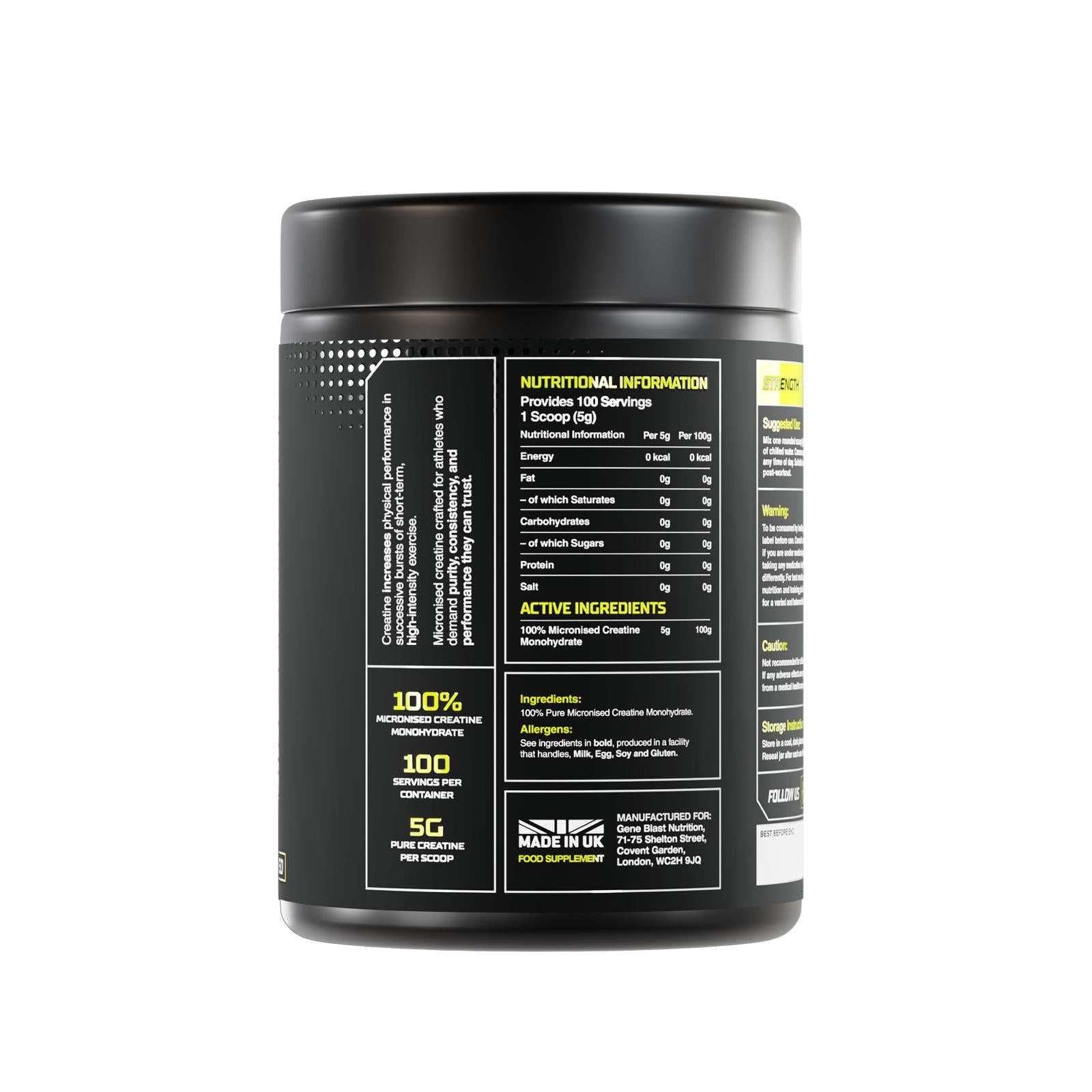 Unflavoured creatine monohydrate ingredient label showing pure micronised creatine powder